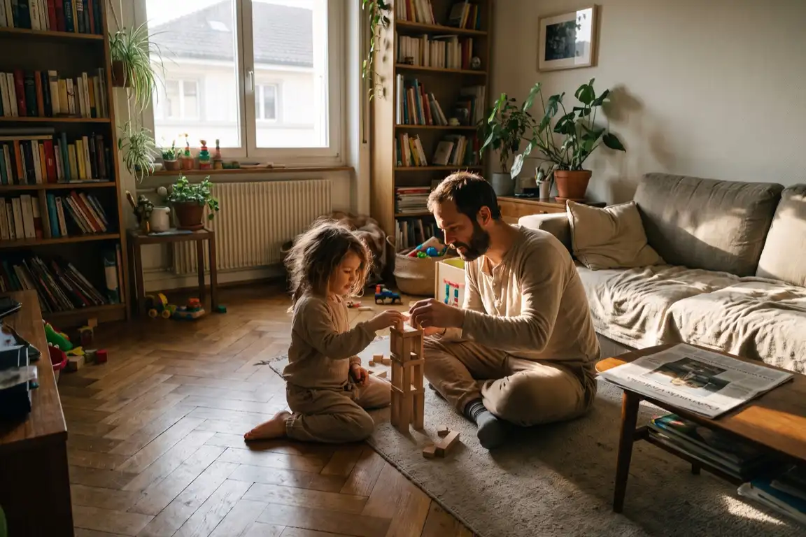 Père et fille jouant sur le parquet de leur salon