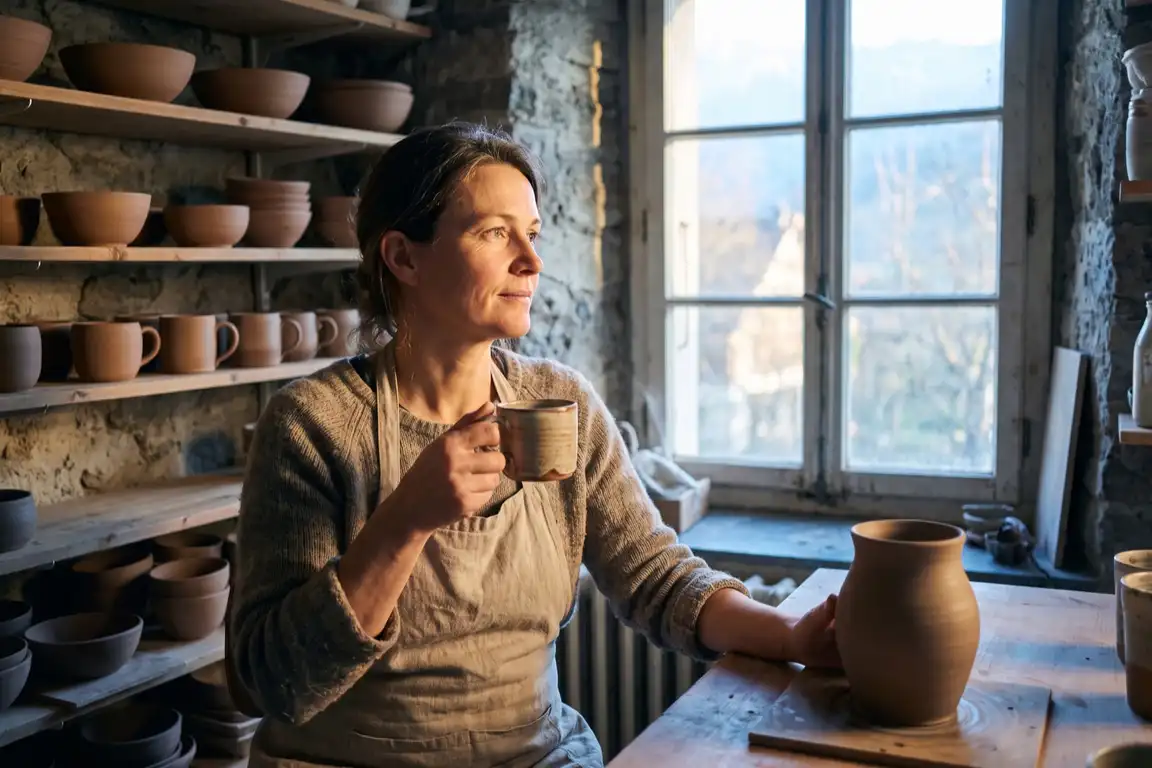 Céramiste indépendante en pause dans son atelier