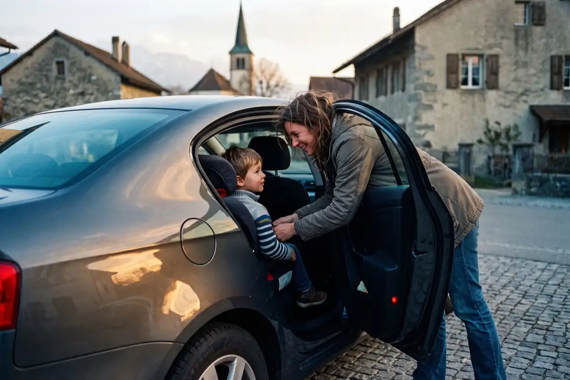 Mère attachant son enfant dans son siège auto, rue de village