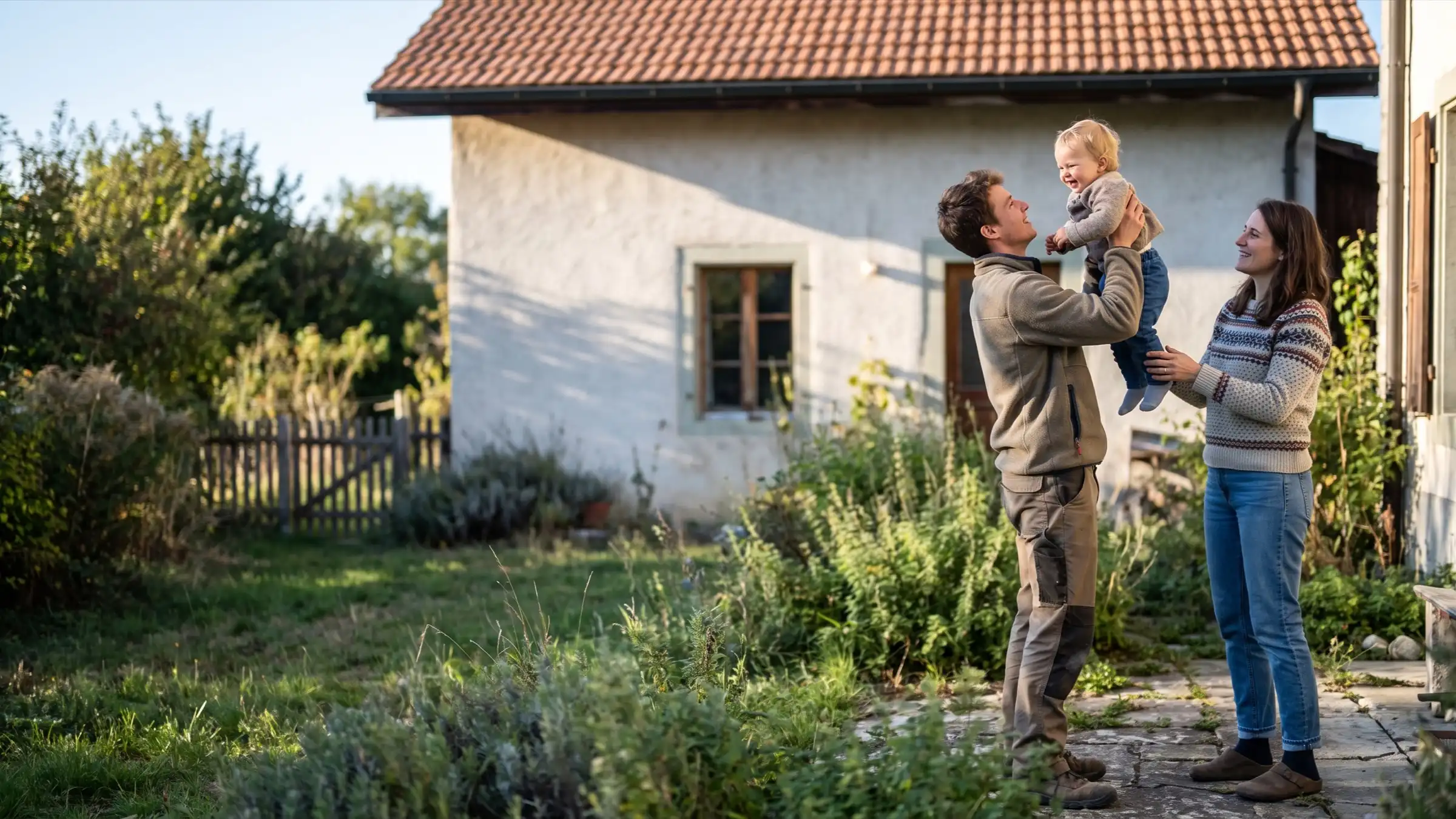 Famille dans le jardin de sa maison, fin de journée